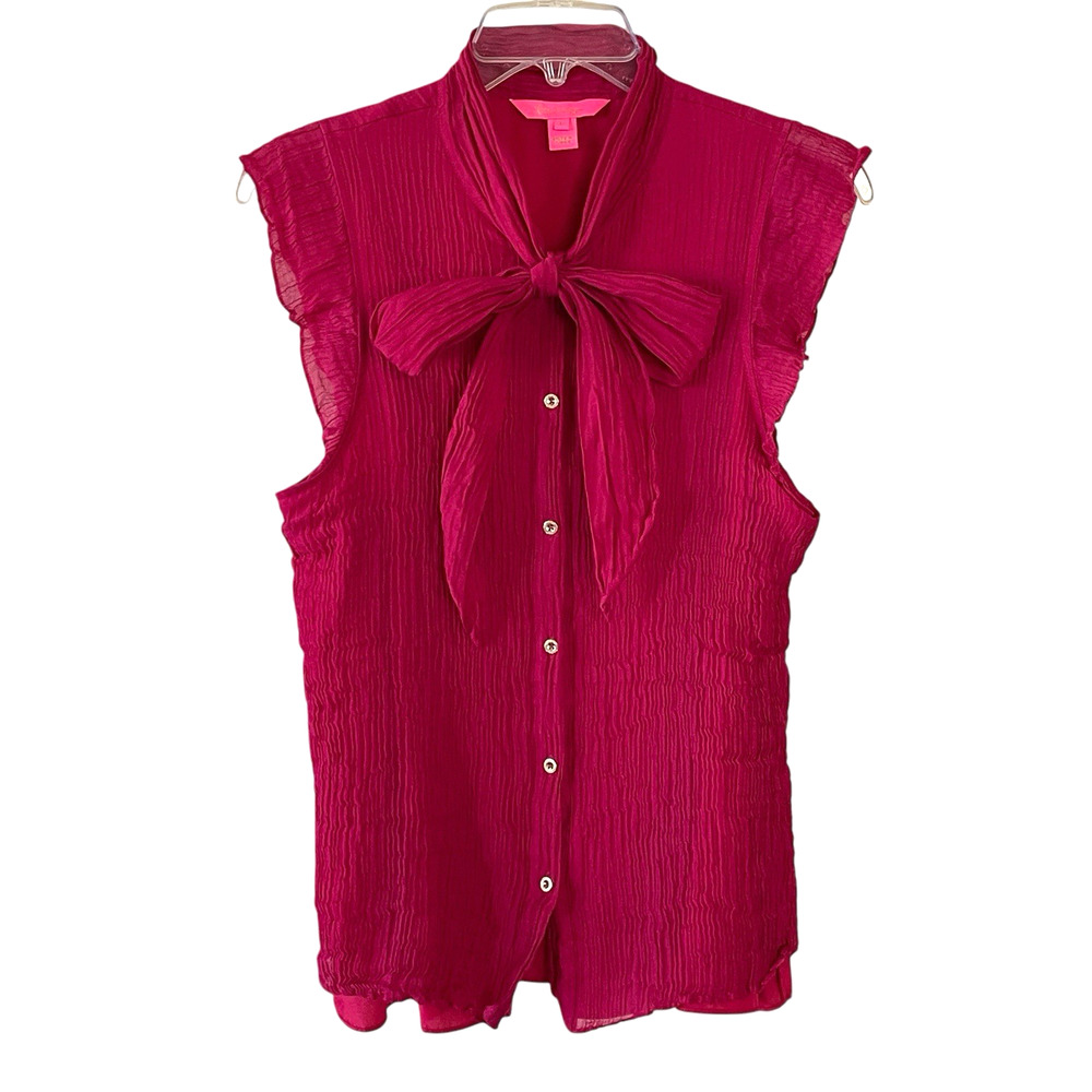 LILLY PULITZER Women's Size Large Fuchsia Pink Silk Bow Tie Button-Up Lined Top